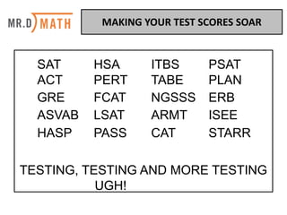 SAT HSA ITBS PSAT
ACT PERT TABE PLAN
GRE FCAT NGSSS ERB
ASVAB LSAT ARMT ISEE
HASP PASS CAT STARR
MAKING	YOUR	TEST	SCORES	SOAR	
TESTING, TESTING AND MORE TESTING
UGH!
 