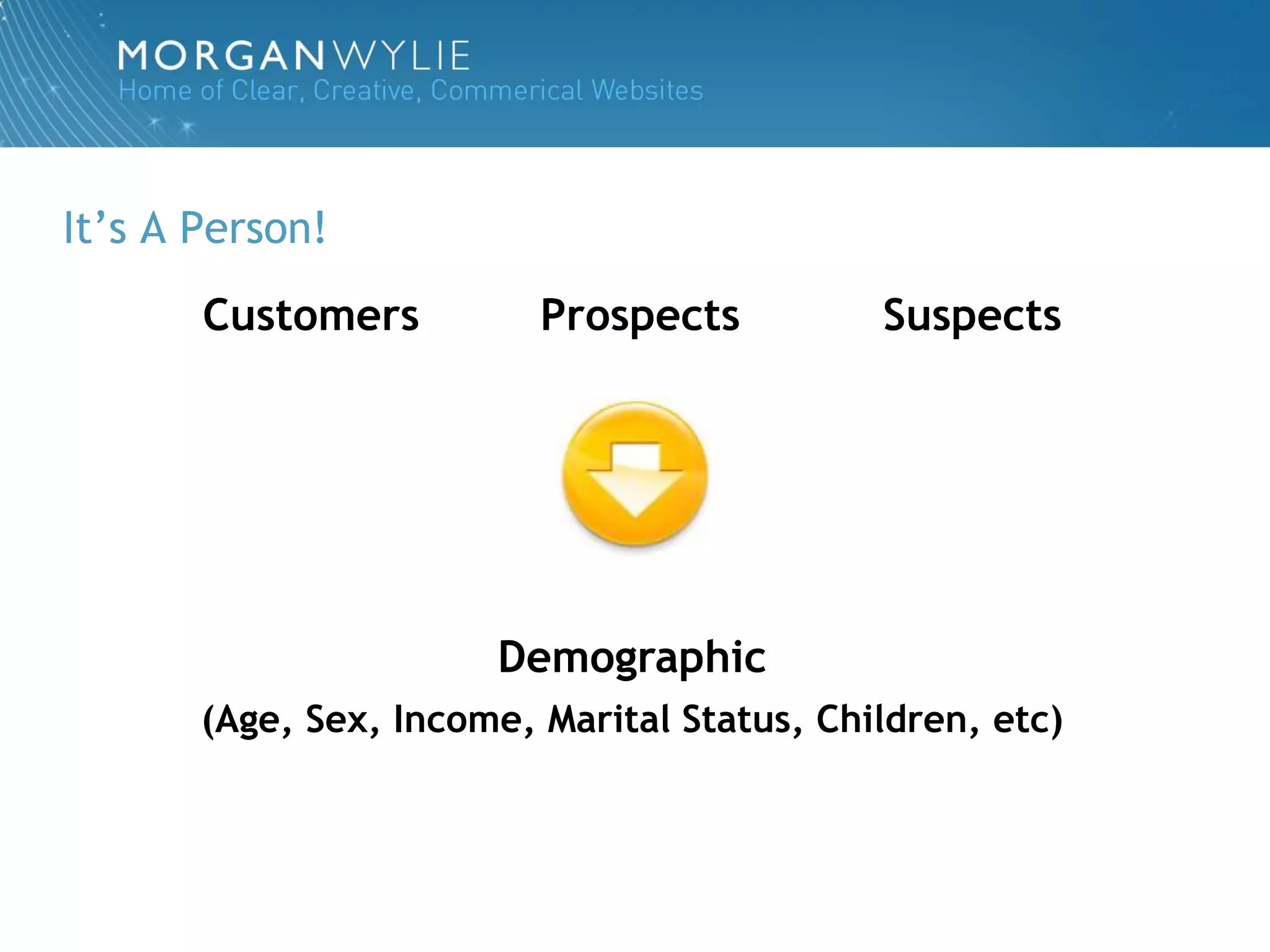 It‟s A Person!
       Customers          Prospects          Suspects




                       Demographic
       (Age, Sex, Income, Marital Status, Children, etc)
 