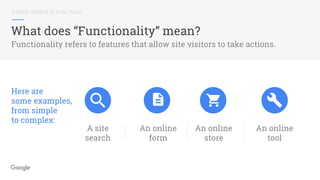 A GREAT WEBSITE IS...FUNCTIONAL
What does “Functionality” mean?
A site
search
An online
form
An online
store
An online
tool
Functionality refers to features that allow site visitors to take actions.
Here are
some examples,
from simple
to complex:
 