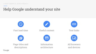 A GREAT WEBSITE IS...SEARCH-FRIENDLY
Help Google understand your site
Text links
All browsers
and devices
Useful content
Information
architecture
Fast load time
Page titles and
descriptions
 