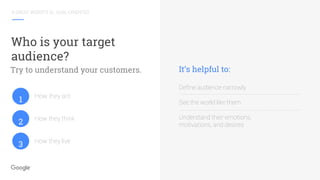 A GREAT WEBSITE IS...GOAL-ORIENTED
Who is your target
audience?
How they act
How they think
How they live
Try to understand your customers. It’s helpful to:
Define audience narrowly
See the world like them
Understand their emotions,
motivations, and desires
1
2
3
 