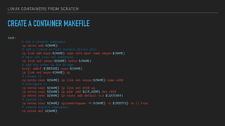 LINUX CONTAINERS FROM SCRATCH
CREATE A CONTAINER MAKEFILE
test:
# add a network namespace
ip netns add $(NAME)
# add a linked virtual network device pair
ip link add mvps-$(NAME) type veth peer name xmvps-$(NAME)
# move one into the namespace
ip link set xmvps-$(NAME) netns $(NAME)
# add the other to the bridge
brctl addif $(BRIDGE) mvps-$(NAME)
ip link set mvps-$(NAME) up
# rename it
ip netns exec $(NAME) ip link set xmvps-$(NAME) name eth0
# configure it
ip netns exec $(NAME) ip link set eth0 up
ip netns exec $(NAME) ip addr add $(IP_ADDR) dev eth0
ip netns exec $(NAME) ip route add default via $(GATEWAY)
# launch it
ip netns exec $(NAME) systemd-nspawn -M $(NAME) -D $(ROOTFS) -b || true
# remove network namespace
ip netns del $(NAME)
 