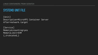 LINUX CONTAINERS FROM SCRATCH
SYSTEMD UNIT FILE
[Unit]
Description=MicroVPS Container Server
After=network.target
[Service]
MemoryAccounting=yes
MemoryLimit=64M
(…truncated…)
 