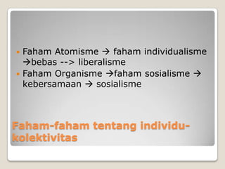 Faham-faham tentang individu-
kolektivitas
 Faham Atomisme  faham individualisme
bebas --> liberalisme
 Faham Organisme faham sosialisme 
kebersamaan  sosialisme
 