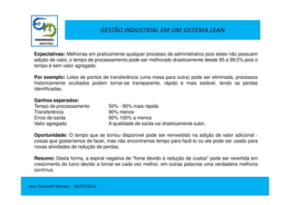 GESTÃO INDUSTRIAL EM UM SISTEMA LEAN
Expectativas: Melhorias em praticamente qualquer processo de administrativo pois estes não possuem
adição de valor, o tempo de processamento pode ser melhorado drasticamente desde 95 a 99,5% pois o
tempo é sem valor agregado.
Por exemplo: Lotes de pontos de transferência (uma mesa para outra) pode ser eliminada, processos
historicamente ocultados podem tornar-se transparente, rápido e mais estável, tendo as perdas
identificadas.
Ganhos esperados:
Jose Donizetti Moraes - 26/07/2013
Ganhos esperados:
Tempo de processamento 50% - 90% mais rápida
Transferência 90% menos
Erros de saída 90% 100% a menos
Valor agregado A qualidade de saída vai drasticamente subir.
Oportunidade: O tempo que se tornou disponível pode ser reinvestido na adição de valor adicional -
coisas que gostaríamos de fazer, mas não encontramos tempo para fazê-lo ou ele pode ser usado para
novas atividades de redução de perdas.
Resumo: Desta forma, a espiral negativa de "fome devido à redução de custos" pode ser revertida em
crescimento do lucro devido a tornar-se cada vez melhor, em outras palavras uma verdadeira melhoria
contínua.
 
