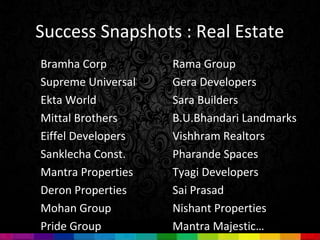 Success Snapshots : Real Estate
Bramha Corp         Rama Group
Supreme Universal   Gera Developers
Ekta World          Sara Builders
Mittal Brothers     B.U.Bhandari Landmarks
Eiffel Developers   Vishhram Realtors
Sanklecha Const.    Pharande Spaces
Mantra Properties   Tyagi Developers
Deron Properties    Sai Prasad
Mohan Group         Nishant Properties
Pride Group         Mantra Majestic…
 