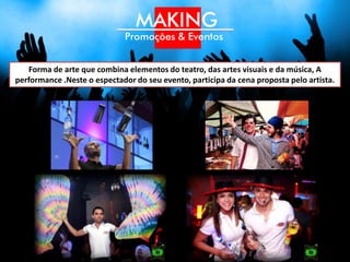 Performance & Interação: Temos o que você
  precisa para animar e diferenciar o seu evento ou
  ação.
 - Tequilleiros
 - Pirofagia
 - Malabares com fogo/flags
 - BarMens
 - Estátua Viva
 - Vitrine Viva
 - Palhaços
 - Personagens (Capitão Jack)
 - Fotógrafos p/ eventos
 etc.
 