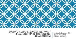 MAKING A DIFFERENCE: SERVANT
LEADERSHIP IN THE ONLINE
CLASSROOM

Andree C. Swanson, EdD
Lora L. Reed, PhD
Ashford University

 