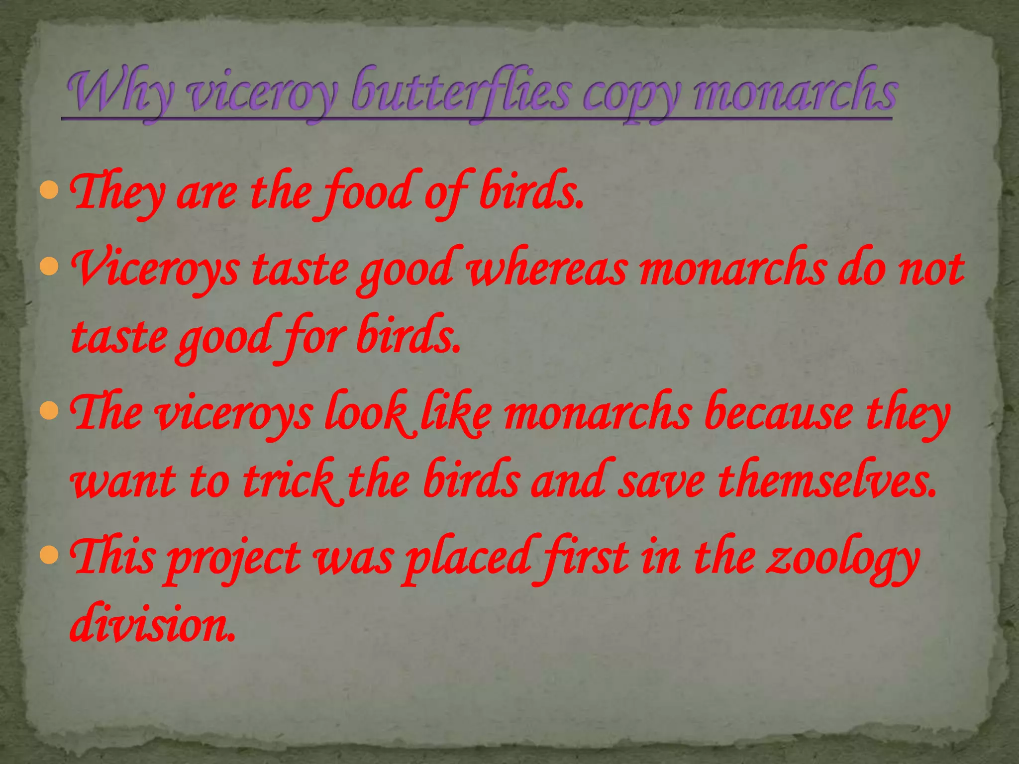  They are the food of birds.

 Viceroys taste good whereas monarchs do not

taste good for birds.
 The viceroys look like monarchs because they
want to trick the birds and save themselves.
 This project was placed first in the zoology
division.

 