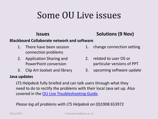Some OU Live issues
Issues

Solutions (9 Nov)

Blackboard Collaborate network and software
1. change connection setting
1. There have been session
connection problems
2. related to user OS or
2. Application Sharing and
particular versions of PPT
PowerPoint conversion
3. upcoming software update
3. Clip Art toolset and library
Java updates
LTS Helpdesk fully briefed and can talk users through what they
need to do to rectify the problems with their local Java set up. Also
covered in the OU Live Troubleshooting Guide.
Please log all problems with LTS Helpdesk on (0)1908 653972
30/11/2013

m.honeyman@open.ac.uk

 