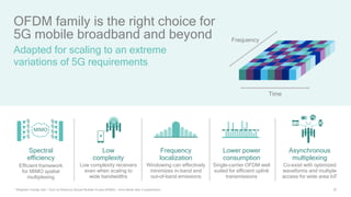 201 Weighted Overlap Add; 2 Such as Resource Spread Multiple Access (RSMA) – more details later in presentation
Co-exist with optimized
waveforms and multiple
access for wide area IoT
Efficient framework
for MIMO spatial
multiplexing
Single-carrier OFDM well
suited for efficient uplink
transmissions
Windowing can effectively
minimizes in-band and
out-of-band emissions
Low complexity receivers
even when scaling to
wide bandwidths
Spectral
efficiency
Low
complexity
Frequency
localization
Lower power
consumption
Asynchronous
multiplexing
MIMO
Time
Frequency
OFDM family is the right choice for
5G mobile broadband and beyond
Adapted for scaling to an extreme
variations of 5G requirements
 