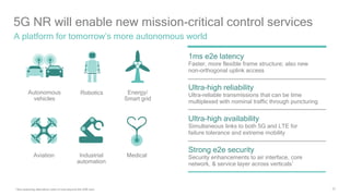 52
5G NR will enable new mission-critical control services
A platform for tomorrow’s more autonomous world
Industrial
automation
Robotics
Aviation
Autonomous
vehicles
Energy/
Smart grid
Medical
Strong e2e security
Security enhancements to air interface, core
network, & service layer across verticals1
1ms e2e latency
Faster, more flexible frame structure; also new
non-orthogonal uplink access
Ultra-high availability
Simultaneous links to both 5G and LTE for
failure tolerance and extreme mobility
Ultra-high reliability
Ultra-reliable transmissions that can be time
multiplexed with nominal traffic through puncturing
1 Also exploring alternative roots of trust beyond the SIM card
 