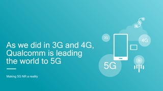 As we did in 3G and 4G,
Qualcomm is leading
the world to 5G
Making 5G NR a reality
3G
4G
 
