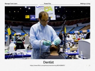 25
|
Making a Living
Manage Train Learn Power Pics
Dentist
https://www.flickr.com/photos/neontommy/8034380007/
 