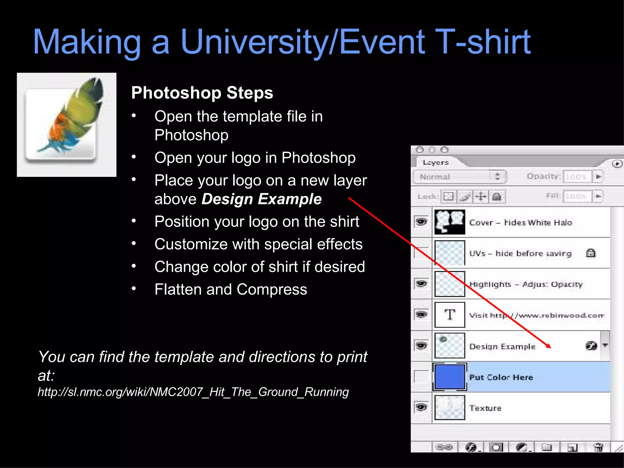 Photoshop Steps Open the template file in Photoshop Open your logo in Photoshop Place your logo on a new layer above  Design Example  Position your logo on the shirt Customize with special effects Change color of shirt if desired Flatten and Compress Making a University/Event T-shirt You can find the template and directions to print at:  http://sl.nmc.org/wiki/NMC2007_Hit_The_Ground_Running 