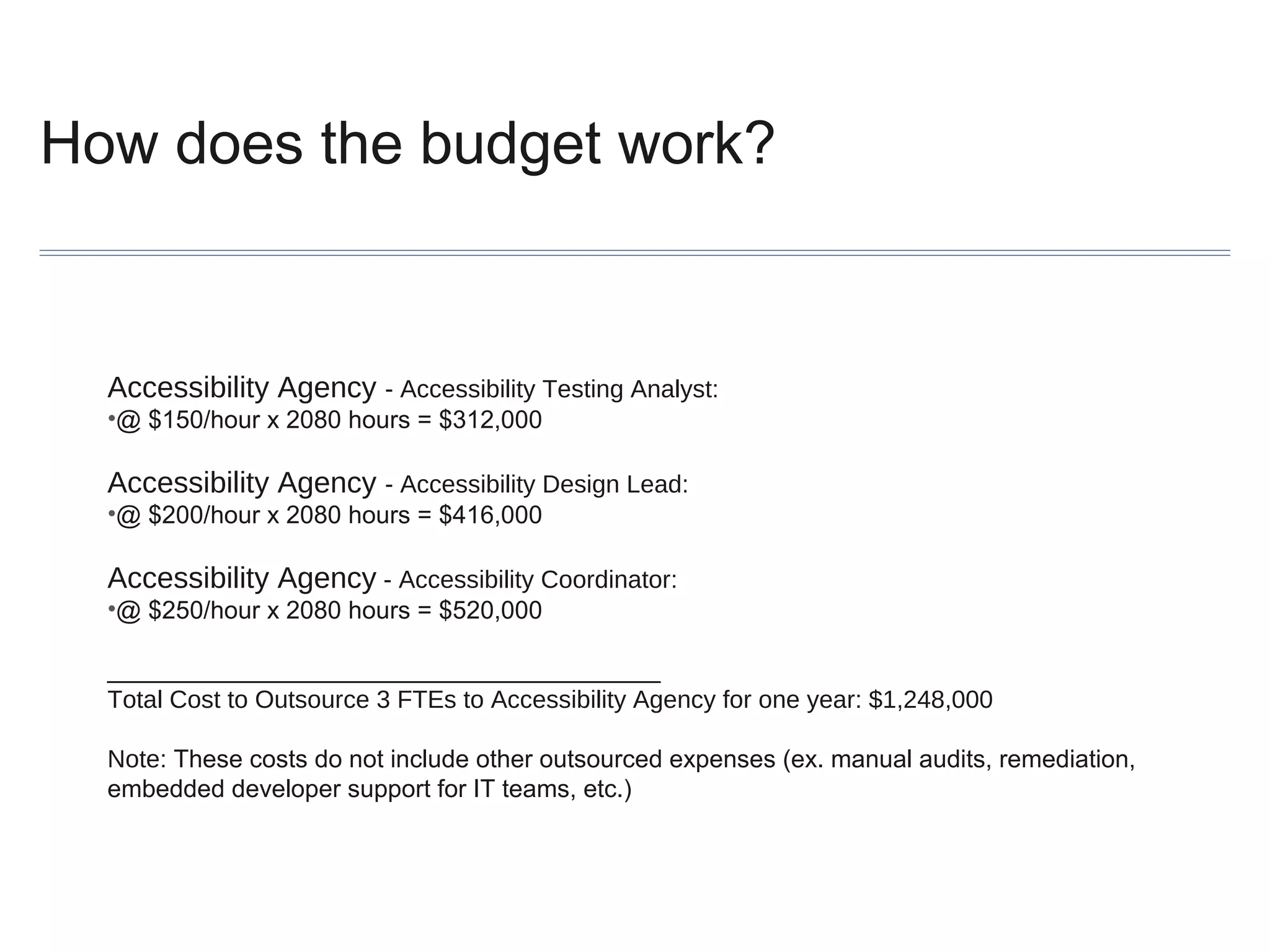 How does the budget work?

Accessibility Agency - Accessibility Testing Analyst:
•@ $150/hour x 2080 hours = $312,000

Accessibility Agency - Accessibility Design Lead:
•@ $200/hour x 2080 hours = $416,000

Accessibility Agency - Accessibility Coordinator:
•@ $250/hour x 2080 hours = $520,000
________________________________________
Total Cost to Outsource 3 FTEs to Accessibility Agency for one year: $1,248,000
Note: These costs do not include other outsourced expenses (ex. manual audits, remediation,
embedded developer support for IT teams, etc.)

 