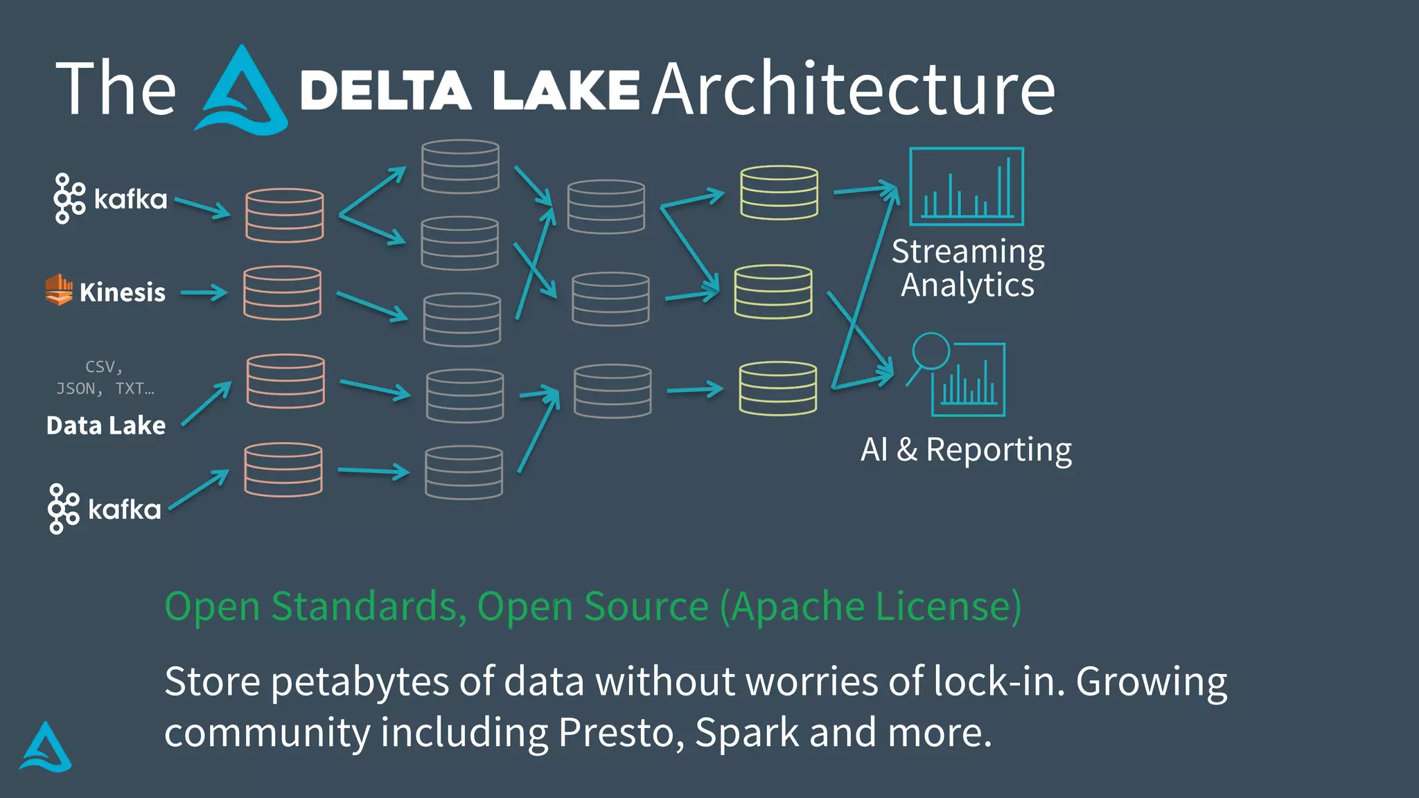 AI & Reporting
Streaming
Analytics
The Architecture
Data Lake
CSV,
JSON, TXT…
Kinesis
Open Standards, Open Source (Apache License)
Store petabytes of data without worries of lock-in. Growing
community including Presto, Spark and more.
 