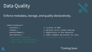 Data Quality
Enforce metadata, storage, and quality declaratively.
table("warehouse")
.location(…) // Location on DBFS
.schema(…) // Optional strict schema checking
.metastoreName(…) // Registration in Hive Metastore
.description(…) // Human readable description for users
.expect("validTimestamp", // Expectations on data quality
"timestamp > 2012-01-01 AND …",
"fail / alert / quarantine")
*Coming Soon
 
