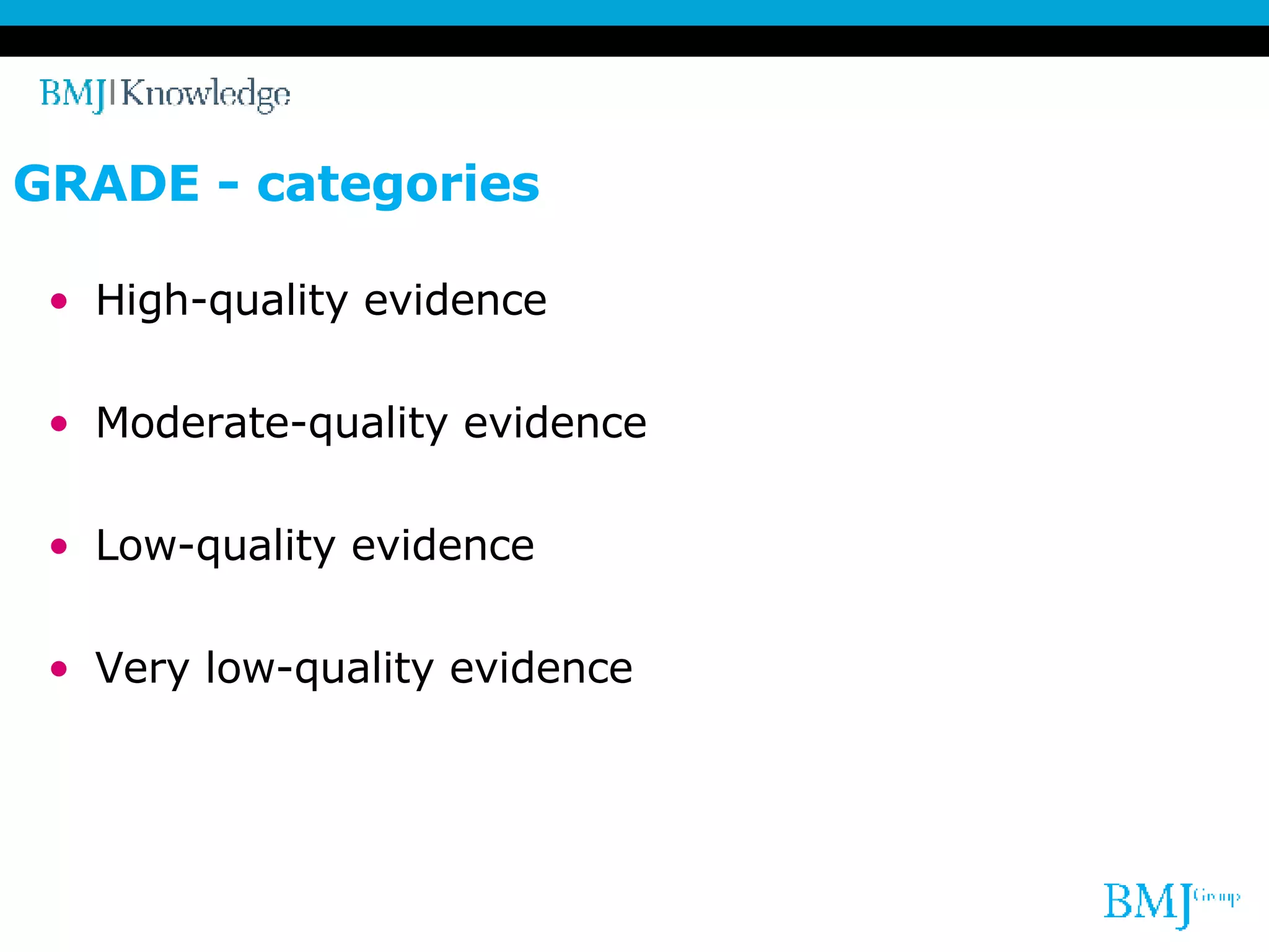 GRADE - categories High-quality evidence Moderate-quality evidence Low-quality evidence Very low-quality evidence 