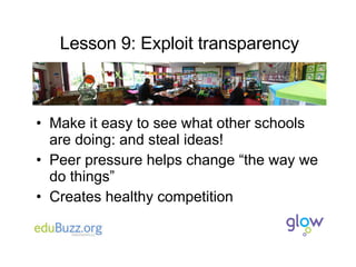 Lesson 9: Exploit transparency Make it easy to see what other schools are doing: and steal ideas! Peer pressure helps change “the way we do things” Creates healthy competition 