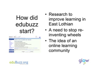 How did edubuzz start? Research to improve learning in East Lothian A need to stop re-inventing wheels The idea of an online learning community 