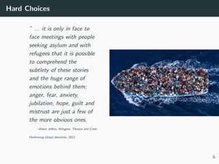 Hard Choices
” ... it is only in face to
face meetings with people
seeking asylum and with
refugees that it is possible
to...