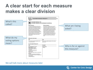 A clear start for each measure
makes a clear division
What do my
voting options
mean?
What am I being
asked?
What's this
called?
Who is for or against
this measure?
We will talk more about measures later
 