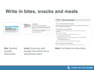 Write in bites, snacks and meals
Bite: Shortest
possible
information
Snack: Summary, with
enough information for an
experienced voters
Meal: Full details or instructions
 