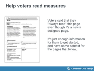 Help voters read measures
Voters said that they
"always read" this page
even though it's a newly
designed page.
It's just enough information
for them to get started,
and have some context for
the pages that follow.
 