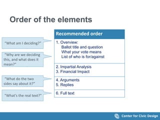 Order of the elements
Recommended order
1. Overview:
Ballot title and question
What your vote means
List of who is for/against
2. Impartial Analysis
3. Financial Impact
4. Arguments
5. Replies
6. Full text
“What am I deciding?”
“Why are we deciding
this, and what does it
mean?"
“What do the two
sides say about it?”
"What's the real text?"
 