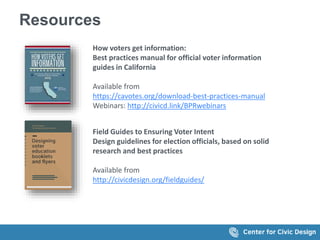 Resources
How voters get information:
Best practices manual for official voter information
guides in California
Available from
https://cavotes.org/download-best-practices-manual
Webinars: http://civicd.link/BPRwebinars
Field Guides to Ensuring Voter Intent
Design guidelines for election officials, based on solid
research and best practices
Available from
http://civicdesign.org/fieldguides/
 