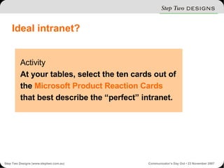 Ideal intranet? Activity At your tables, select the ten cards out of the  Microsoft Product Reaction Cards  that best describe the “perfect” intranet. 