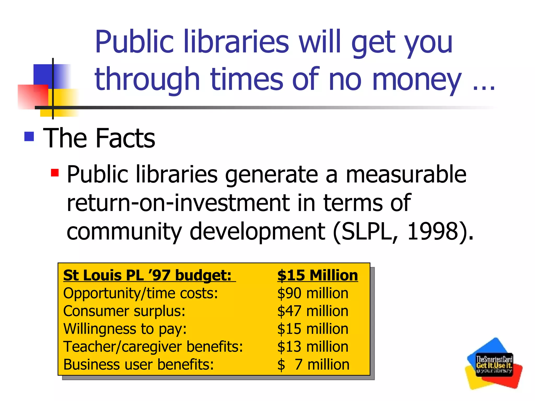 Public libraries will get you through times of no money … The Facts Public libraries generate a measurable return-on-investment in terms of community development (SLPL, 1998). St Louis PL ’97 budget:  $15 Million Opportunity/time costs: $90 million Consumer surplus:  $47 million Willingness to pay:  $15 million Teacher/caregiver benefits:  $13 million Business user benefits:  $  7 million 