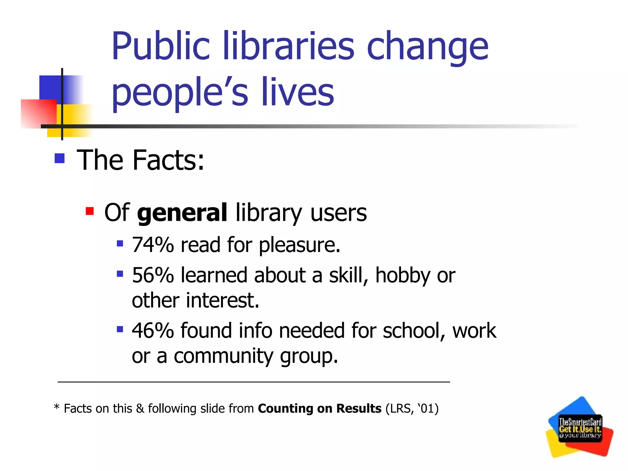 Public libraries change people’s lives The Facts: Of  general  library users 74% read for pleasure. 56% learned about a skill, hobby or other interest. 46% found info needed for school, work or a community group. * Facts on this & following slide from  Counting on Results  (LRS, ‘01) 