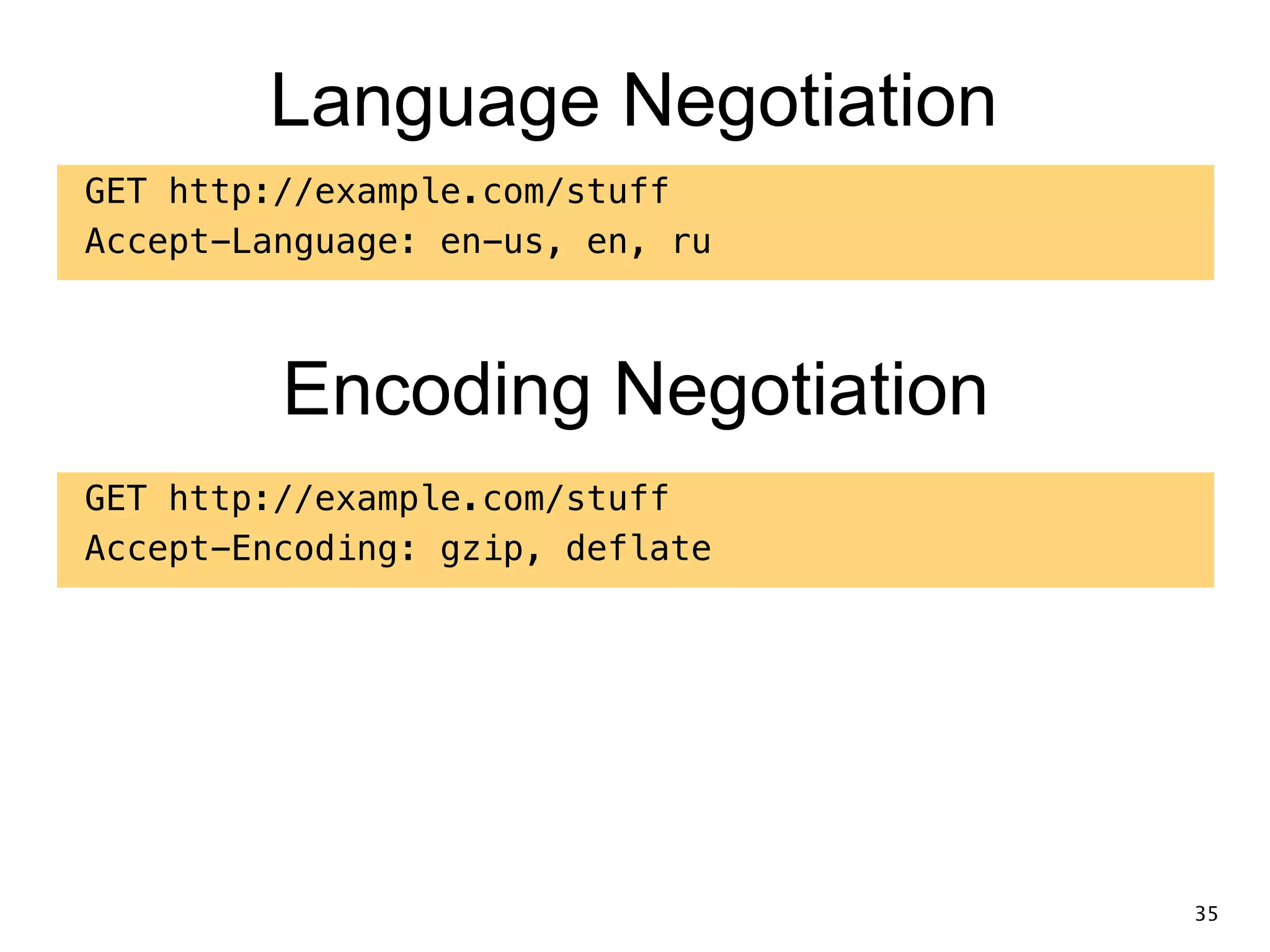 Language Negotiation GET http://example.com/stuff Accept-Language: en-us, en, ru Encoding Negotiation GET http://example.com/stuff Accept-Encoding: gzip, deflate 35 