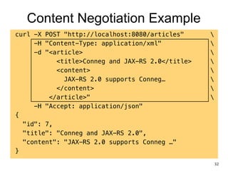 Content Negotiation Example
curl -X POST "http://localhost:8080/articles" 
-H "Content-Type: application/xml" 
-d "<article> 
<title>Conneg and JAX-RS 2.0</title> 
<content> 
JAX-RS 2.0 supports Conneg… 
</content> 
</article>" 
-H "Accept: application/json"
{
"id": 7,
"title": "Conneg and JAX-RS 2.0",
"content": "JAX-RS 2.0 supports Conneg …"
}
32
 