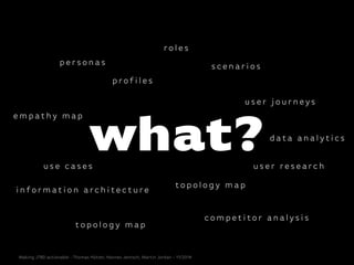 p e r s o n a s
p ro f i l e s
ro l e s
s c e n a r i o s
u s e r j o u r n e y s
e m p a t hy m a p
u s e c a s e s u s e r r e s e a r c h
d at a a n a l y t i c s
c o m p et i t o r a n a l y s i s
i n fo r m at i o n a rc h i t e c t u re
t o p o l o g y m a p
t o p o l o g y m a p
what?
Making JTBD actionable - Thomas Hütter, Hannes Jentsch, Martin Jordan - 11/2014
 