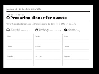 Making jobs-to-be-done actionable
Preparing dinner for guests
Write three jobs stories based on the same job-to-be-done, yet in different contexts:
j o b - t o - b e - d o n e :
situation 1:
Raining cats and dogs
situation 2:
Small budget end of month
situation 3:
Little time only
When
I want
So I can
When
I want
So I can
When
I want
So I can
 