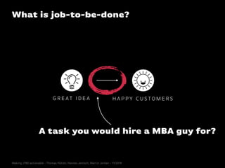 G R E AT I D E A
What is job-to-be-done?
A task you would hire a MBA guy for?
H A P PY C U STO M E R S
Making JTBD actiona...