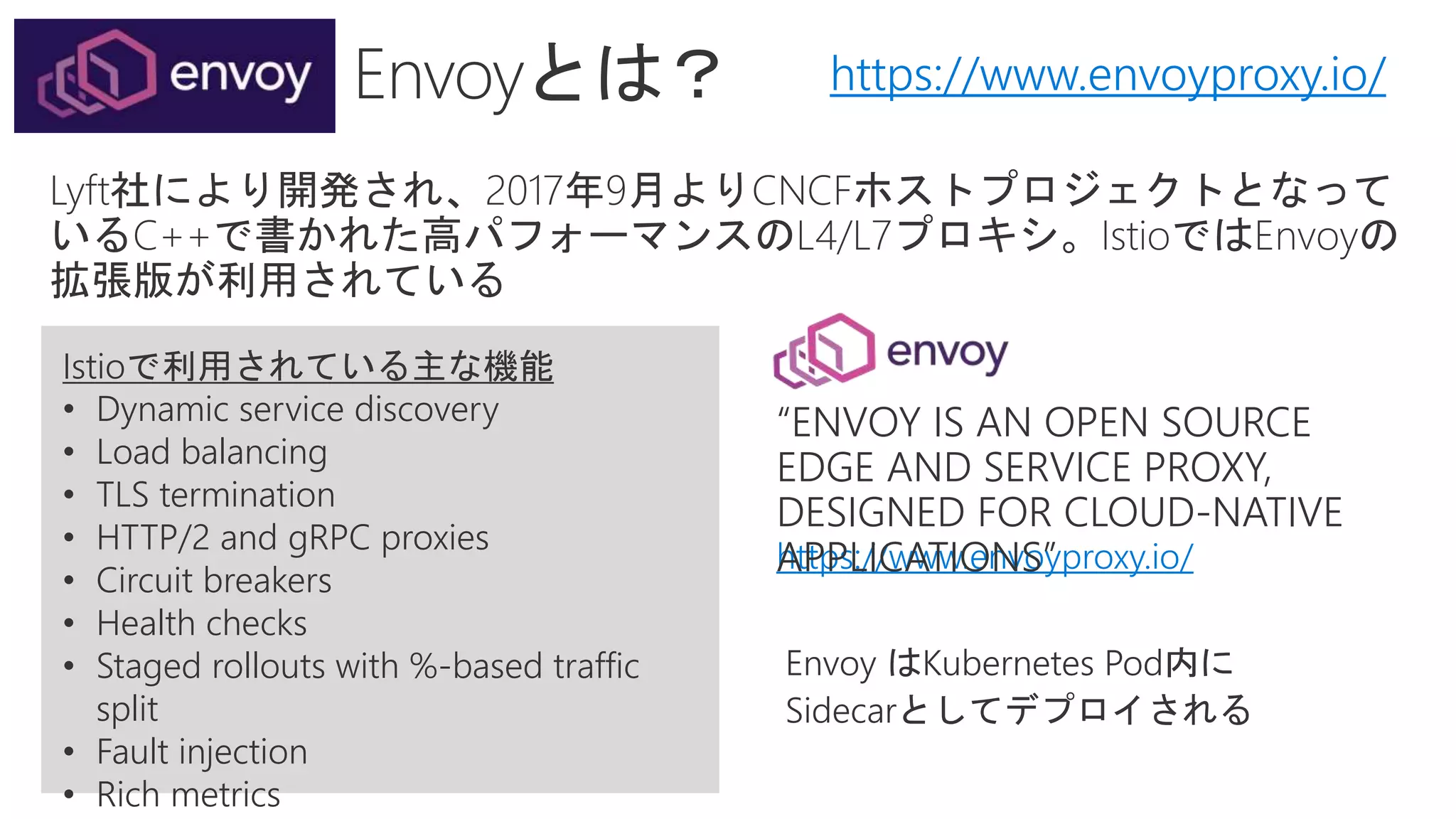 Istioで利用されている主な機能
• Dynamic service discovery
• Load balancing
• TLS termination
• HTTP/2 and gRPC proxies
• Circuit breakers
• Health checks
• Staged rollouts with %-based traffic
split
• Fault injection
• Rich metrics
https://www.envoyproxy.io/
Envoy はKubernetes Pod内に
Sidecarとしてデプロイされる
“ENVOY IS AN OPEN SOURCE
EDGE AND SERVICE PROXY,
DESIGNED FOR CLOUD-NATIVE
APPLICATIONS”
https://www.envoyproxy.io/
 