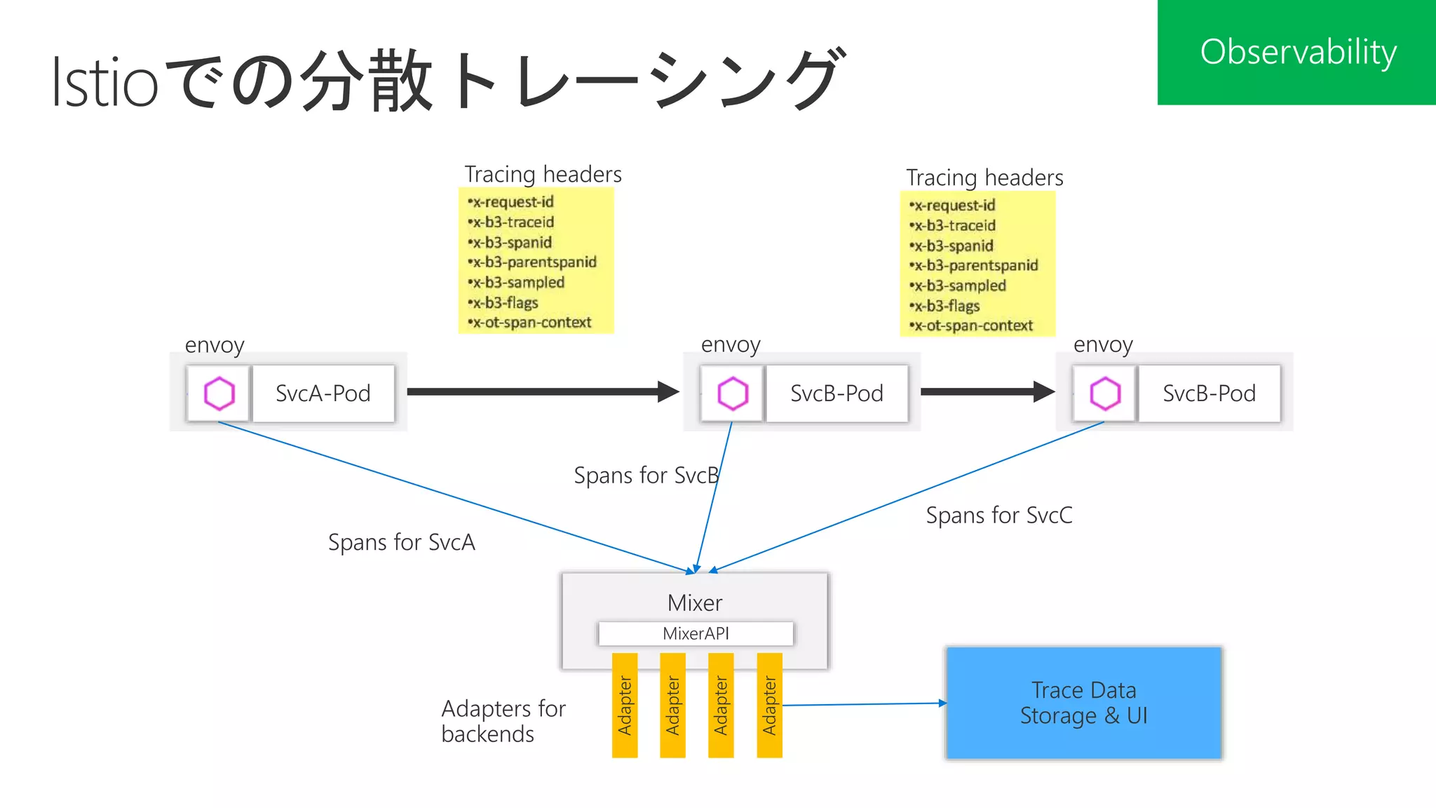 SvcA-Pod
Mixer
SvcB-Pod
MixerAPIAdapter
Adapter
Adapter
Adapter
SvcB-Pod
Trace Data
Storage & UI
 