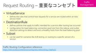 • defines the rules that control how requests for a service are routed within an Istio
service mesh
• defines policies that apply to traffic intended for a service after routing has occurred
• configuration for load balancing, connection pool size from the sidecar, and outlier
detection settings to detect and evict unhealthy hosts from the load balancing pool
• can be used for scenarios like A/B testing, or routing to a specific version of a
service
Traffic Routing Configuration reference:
https://istio.io/docs/reference/config/istio.networking.v1alpha3/
 