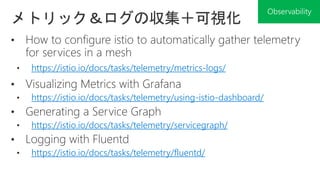 https://istio.io/docs/tasks/telemetry/metrics-logs/
https://istio.io/docs/tasks/telemetry/using-istio-dashboard/
https://istio.io/docs/tasks/telemetry/servicegraph/
https://istio.io/docs/tasks/telemetry/fluentd/
 