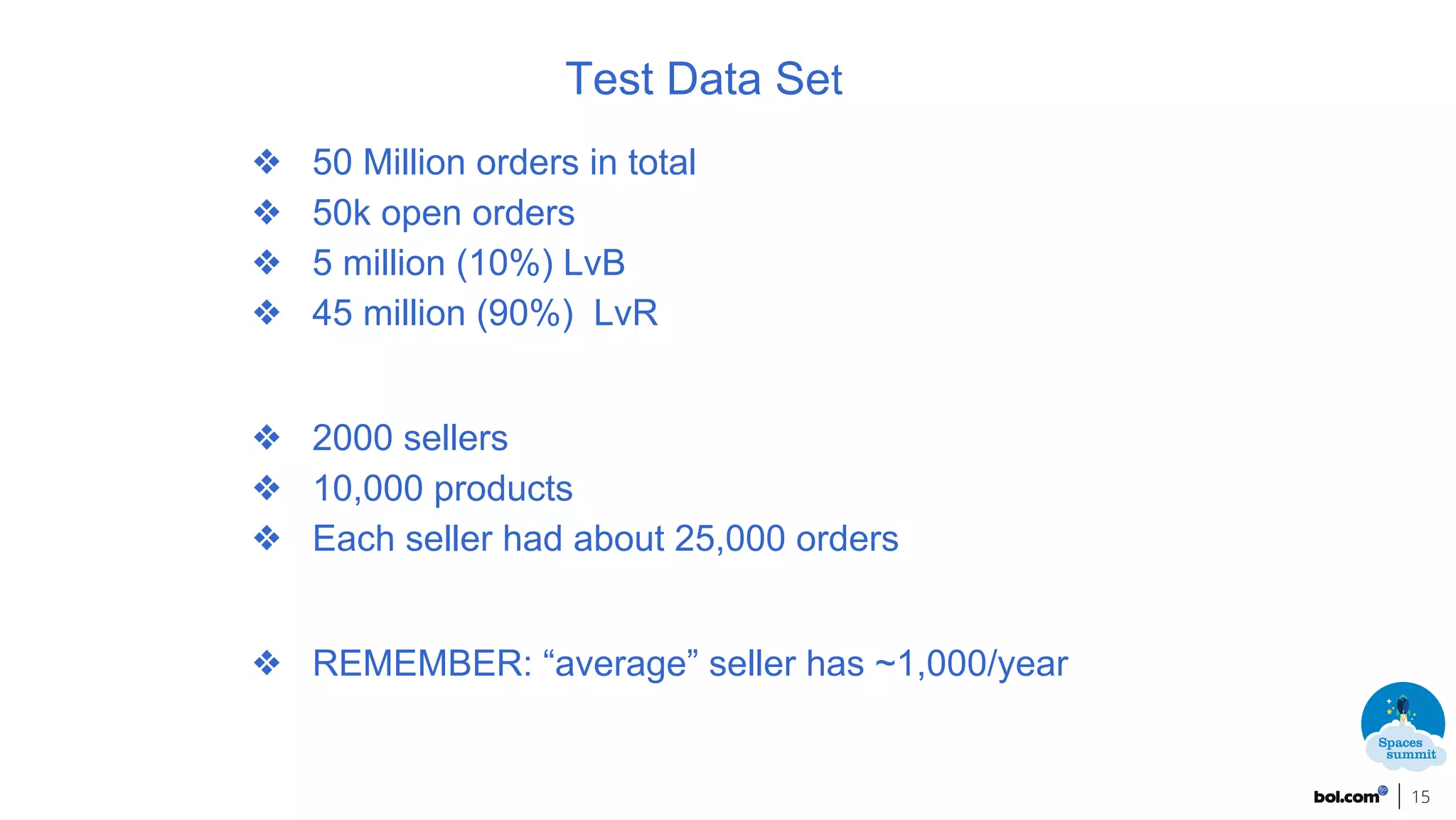 15
Test Data Set
❖ 50 Million orders in total
❖ 50k open orders
❖ 5 million (10%) LvB
❖ 45 million (90%) LvR
❖ 2000 sellers
❖ 10,000 products
❖ Each seller had about 25,000 orders
❖ REMEMBER: “average” seller has ~1,000/year
 