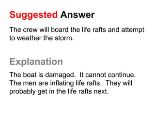 Suggested Answer
The crew will board the life rafts and attempt
to weather the storm.
Explanation
The boat is damaged. It cannot continue.
The men are inflating life rafts. They will
probably get in the life rafts next.
 