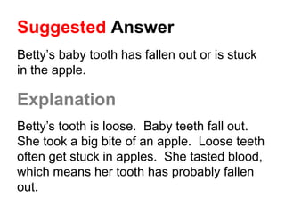 Suggested Answer
Betty’s baby tooth has fallen out or is stuck
in the apple.
Explanation
Betty’s tooth is loose. Baby teeth fall out.
She took a big bite of an apple. Loose teeth
often get stuck in apples. She tasted blood,
which means her tooth has probably fallen
out.
 