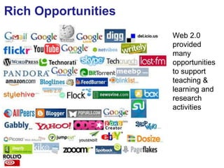 Rich Opportunities
                     Web 2.0
                     provided
                     many
                     opportunities
                     to support
                     teaching &
                     learning and
                     research
                     activities




32
 