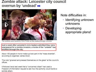 Zombie Attack
                     Note difficulties in:
                      • Identifying unknown
                        unknowns
                      • Developing
                        appropriate plans!




43
 