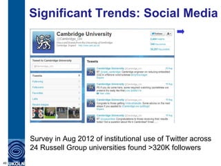 Significant Trends: Social Media




     Survey in Aug 2012 of institutional use of Twitter across
     24 Russell Group universities found >320K followers
49
 