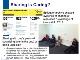 Sharing Is Caring?
                                                   Epilogger archive showed
                                                   evidence of sharing of
                                                   resources & exchange of
                                                   ideas at ILI 2012




     Sharing with one‟s peers (&
     socialising later in the pub) or
     being unsocial?
      • Someone suggest that social interaction in the
        conference was inhibited by mobile devices. I
        don’t agree- the networking was great.
      • “mainly because I’m shy… my professional life
57
        is much better now I have this option [Twitter]”
 